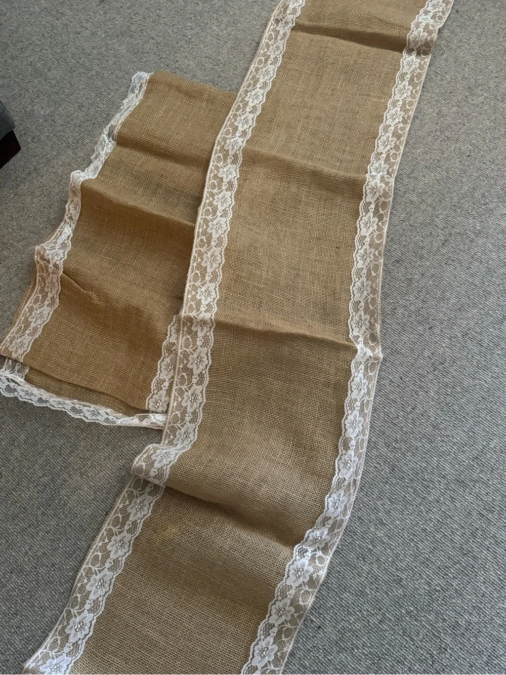 Burlap Table Runner with White Lace Trim - Rustic Home Dining Linen